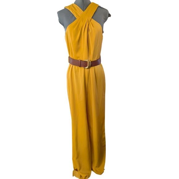 Donna Karan Women's Yellow Belted Halter Wide Leg Jumpsuit Nwt Size 6 - Picture 4 of 13